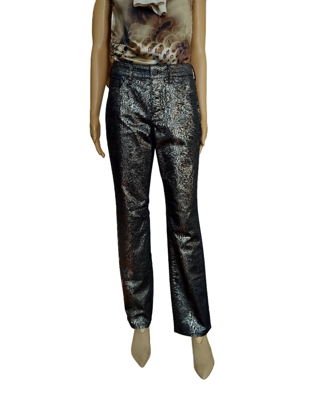 NYDJ Metallic Snake Skin Black Coated  Straight-Leg Pants Size 6 NWT